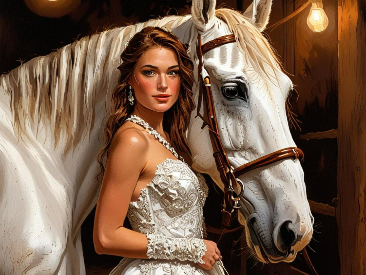 Woman in a wedding dress with pearls and a beautiful horse 571414