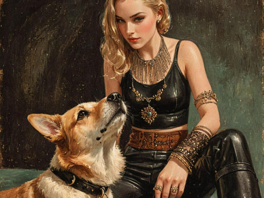 Woman with a dog and edgy bracelets and jewelry