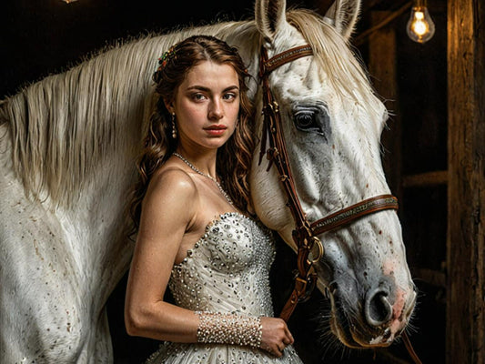 Woman in a wedding dress with pearls and a beautiful horse 571414